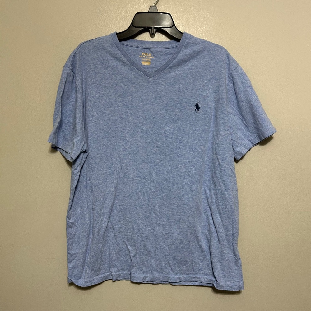 Polo Ralph Lauren Men's T-Shirt L Blue Short Sleeve V-Neck Logo Pullover Casual